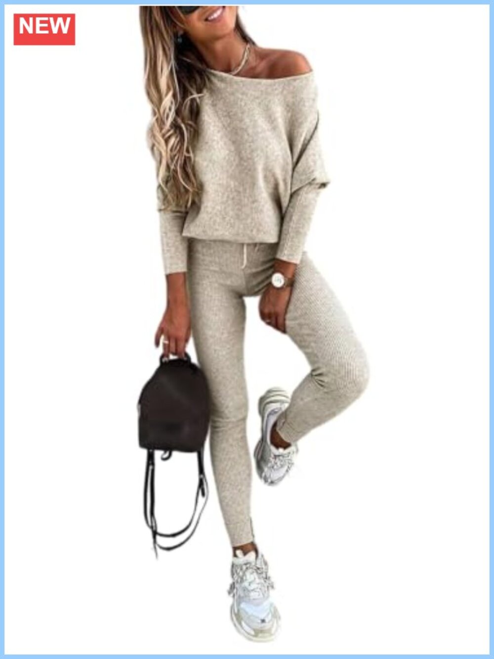 Knit 2-Piece Lounge Set Batwing Sleeve Pullover Drawstring Pants